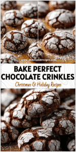 Close-up of Chocolate Crinkle Cookies covered in powdered sugar on a holiday baking tray